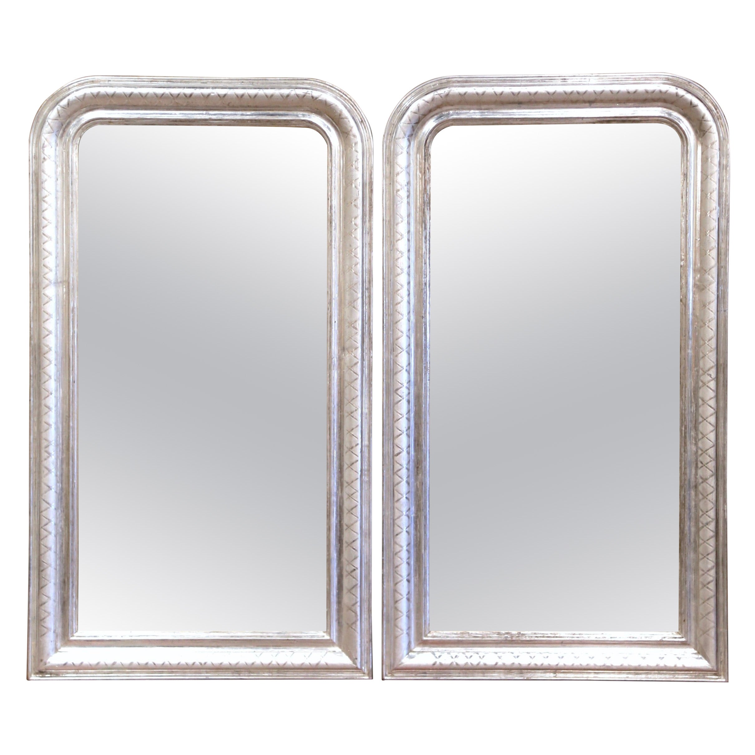 Pair of Mid Century French Louis Philippe Silver Leaf Wall Mirrors  For Sale