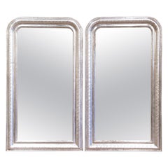 Retro Pair of Mid Century French Louis Philippe Silver Leaf Wall Mirrors 