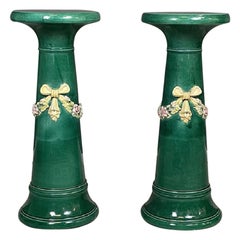 Italian imperial style green ceramic columns pedestals bows and flowers, 1930s