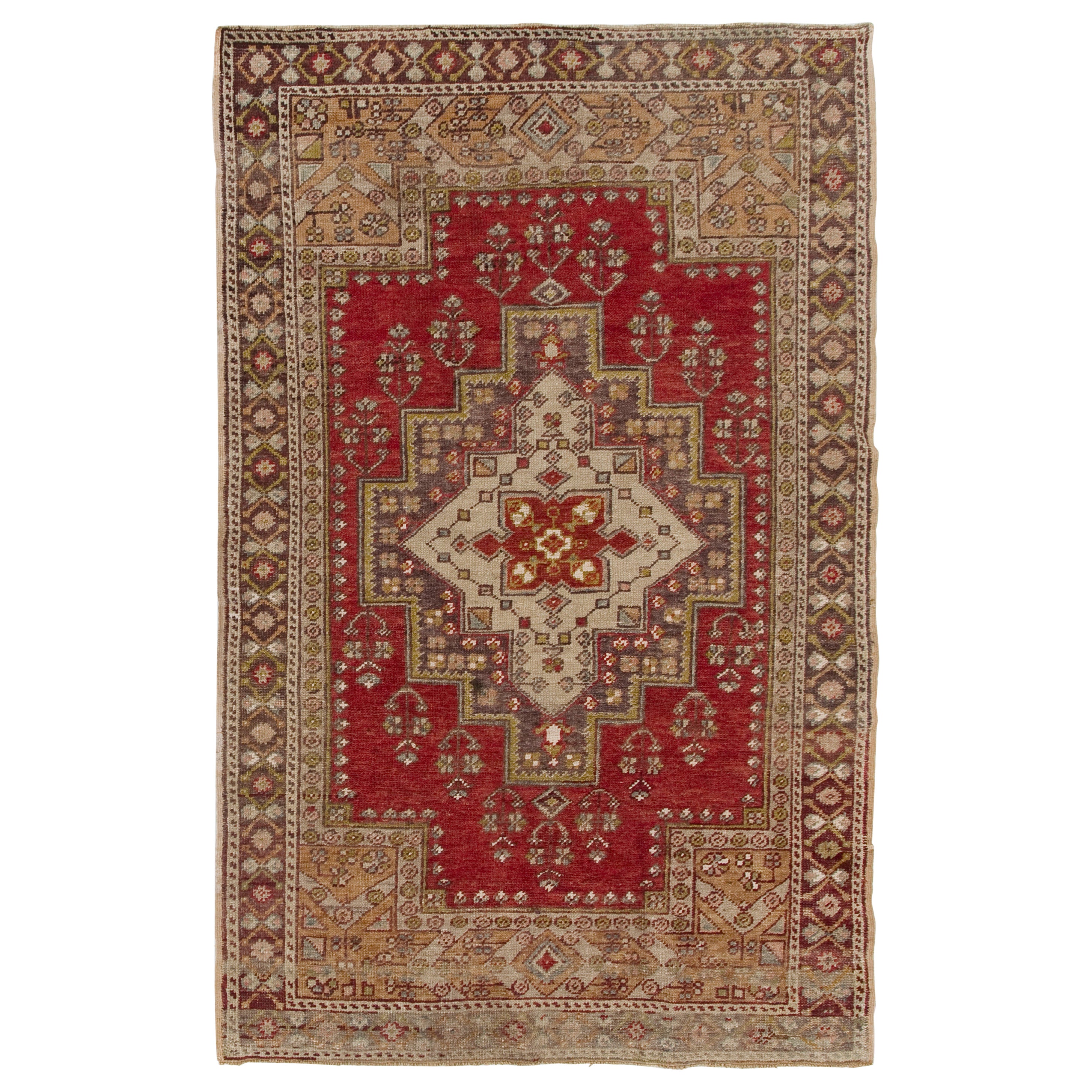 Handgefertigter Stammes-Teppich mit Medaillon-Design, 100% Wolle, 4.2x6,5 Ft, Mitte des Jahrhunderts