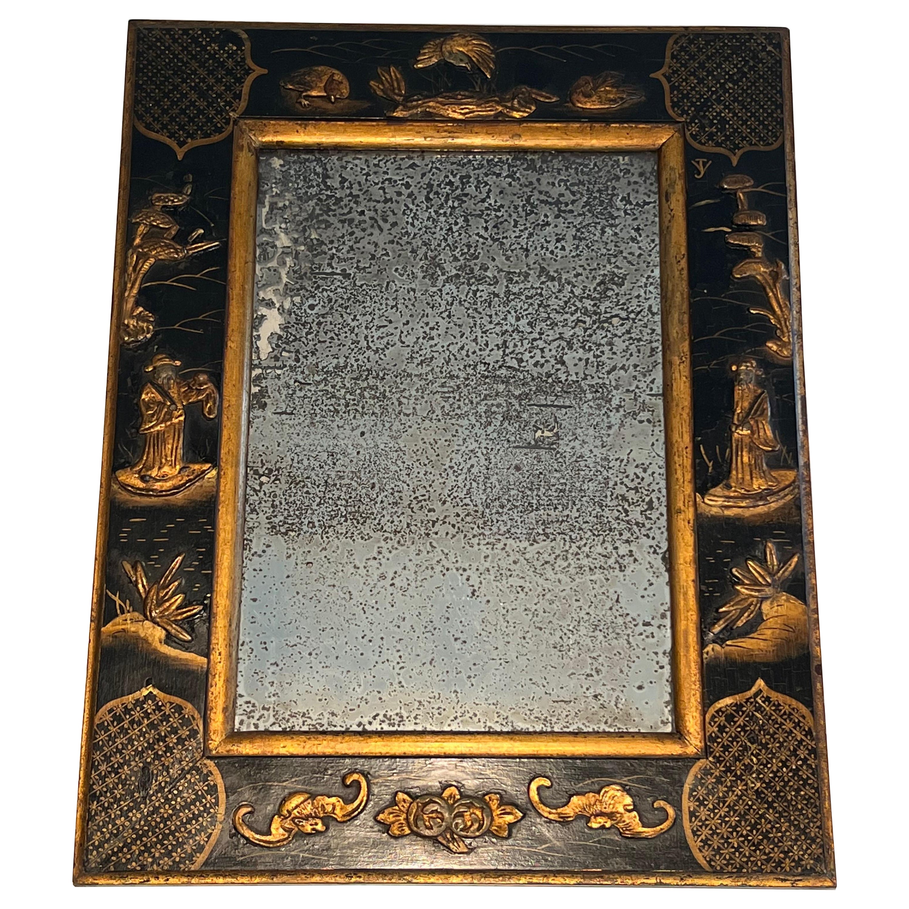 Lacquered Mirror with Chinese Scenes in the style of Maison Jansen. Circa 1940 For Sale