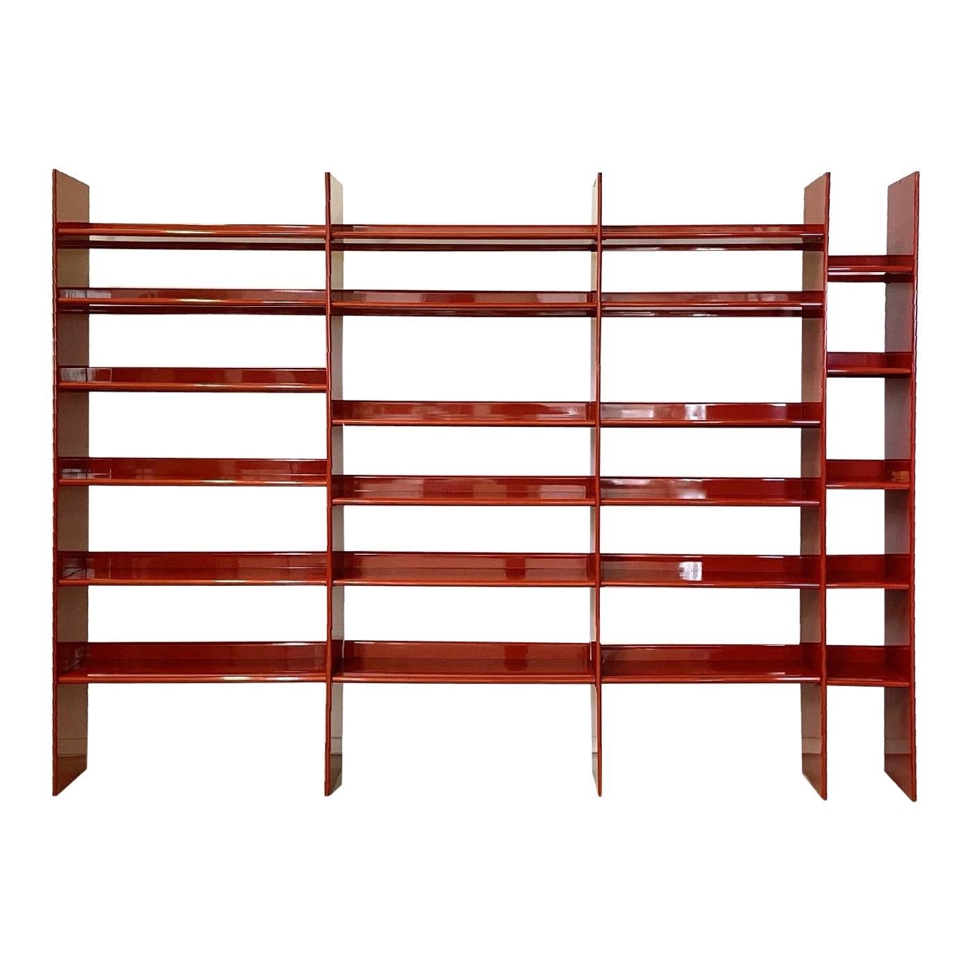 Italian modern red lacquered plywood bookcase, 1970s For Sale