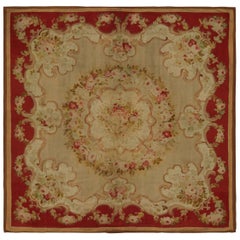 Antique Aubusson Flatweave Rug in Beige, with Floral Medallions from Rug & Kilim