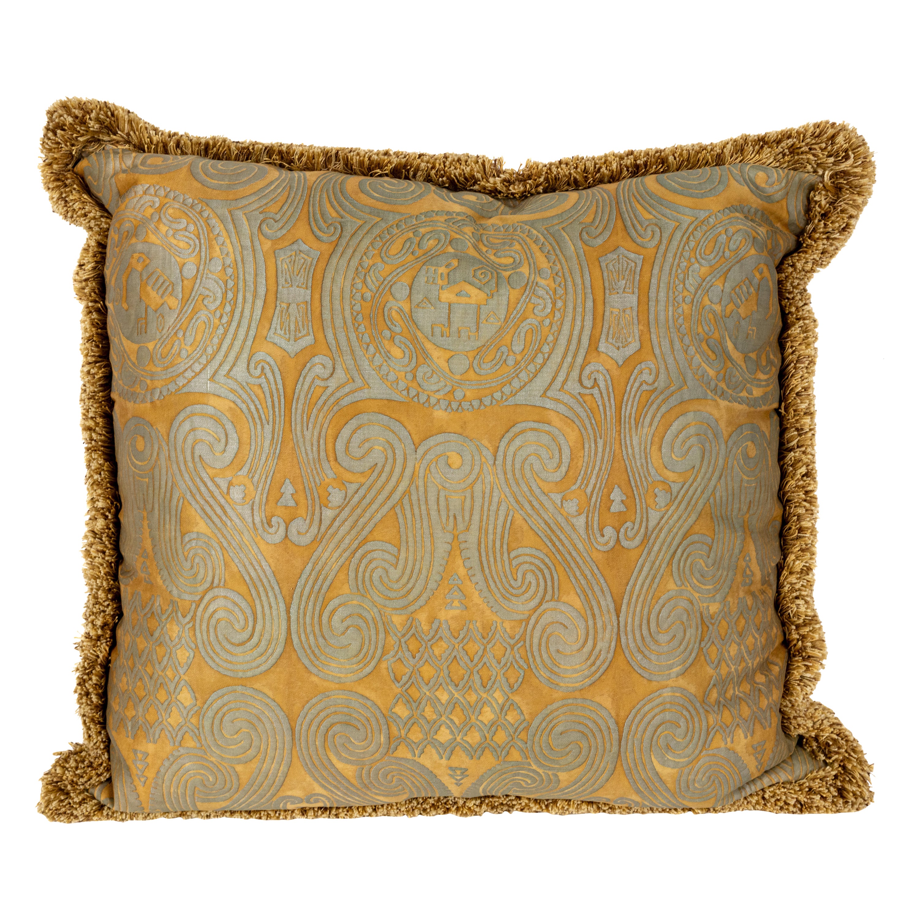 A Fortuny Cushion in the Peruviano Pattern with Brush Fringe