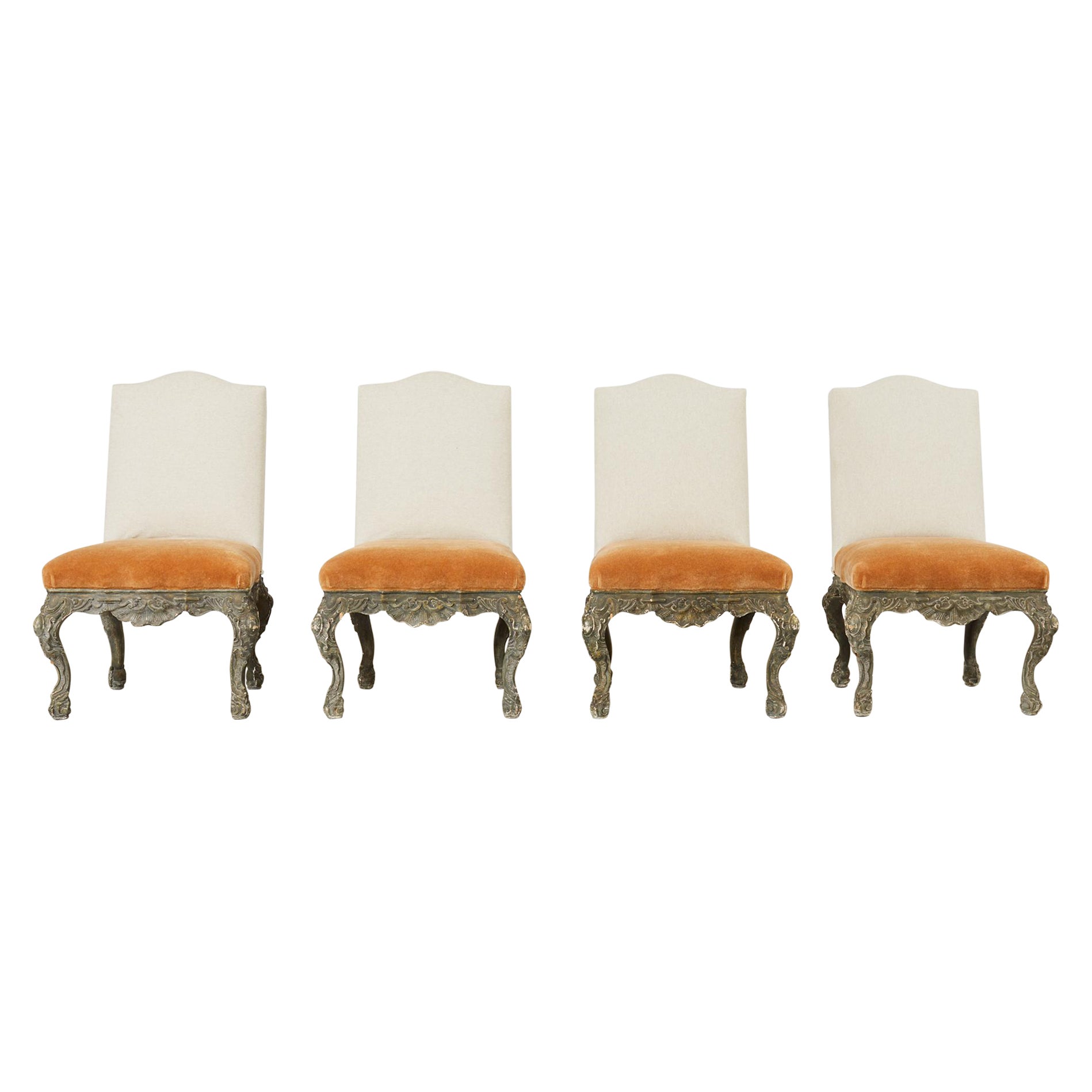 Set of Four Italian Baroque Style Dining Chairs with Mohair 