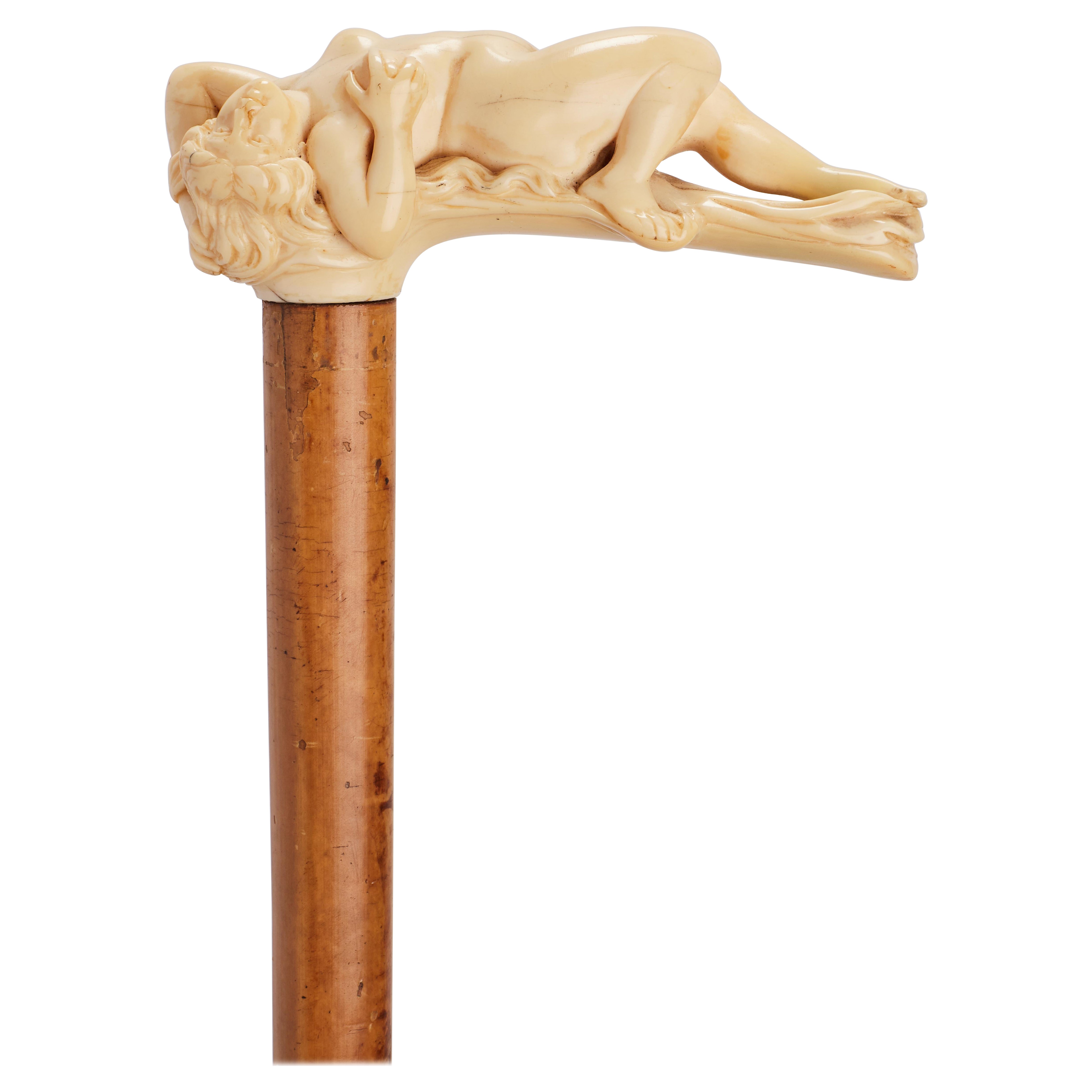 Art nouveau big ivory carved handle walking stick, France 1900.  For Sale