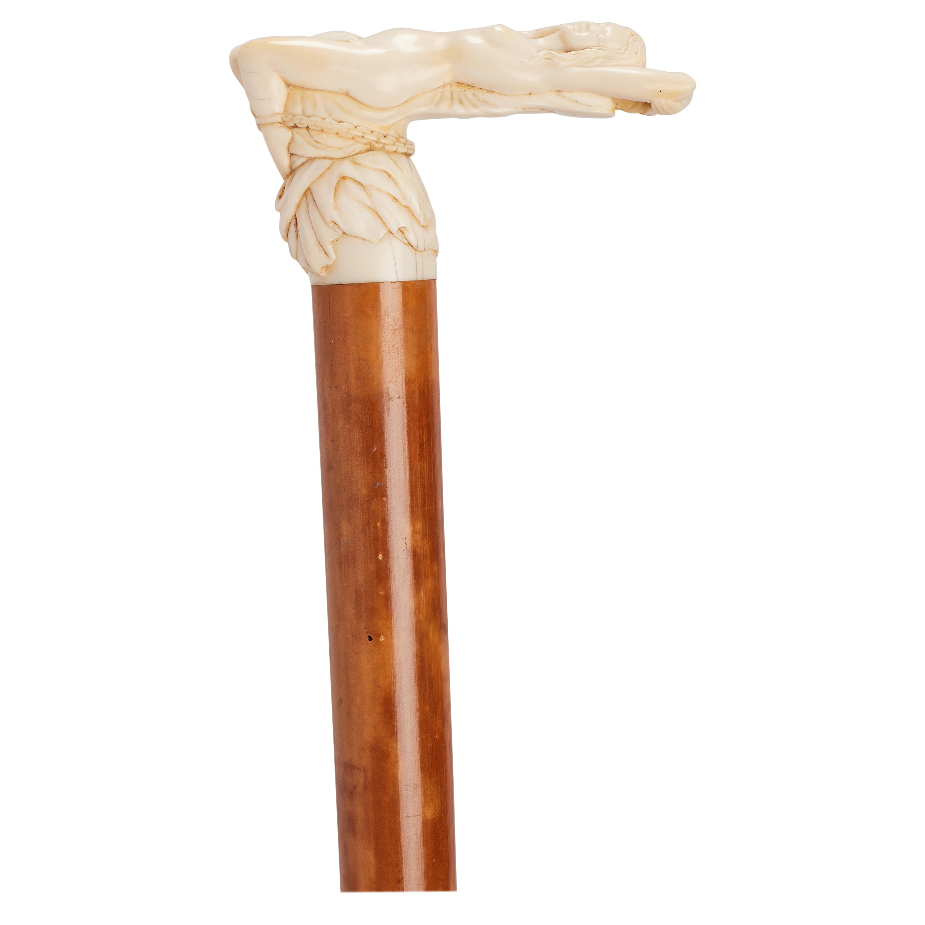 Art nouveau Ivory carved handle walking stick depicting Andromeda, UK 1880.  For Sale