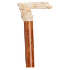 Used Art nouveau Ivory carved handle walking stick depicting Andromeda, UK 1880. 