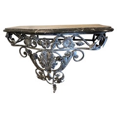 Vintage French Marble Top Iron Demilune Wall Console Table 