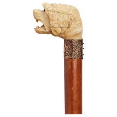 Used Dog ivory handle walking stick, England 1890. 