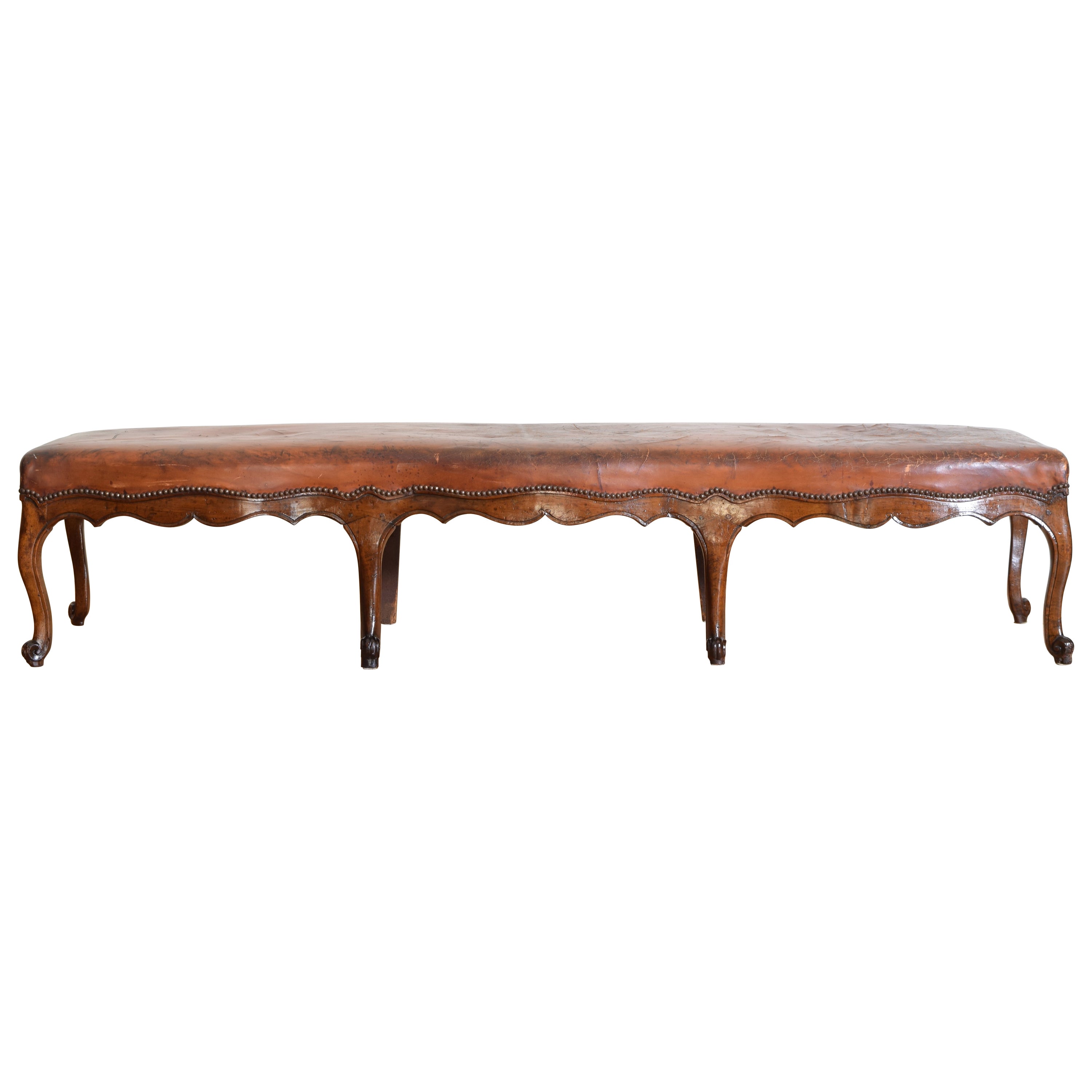 French Louis XV Period Carved Walnut & Leather Upholstered Bench, mid 18th cen.