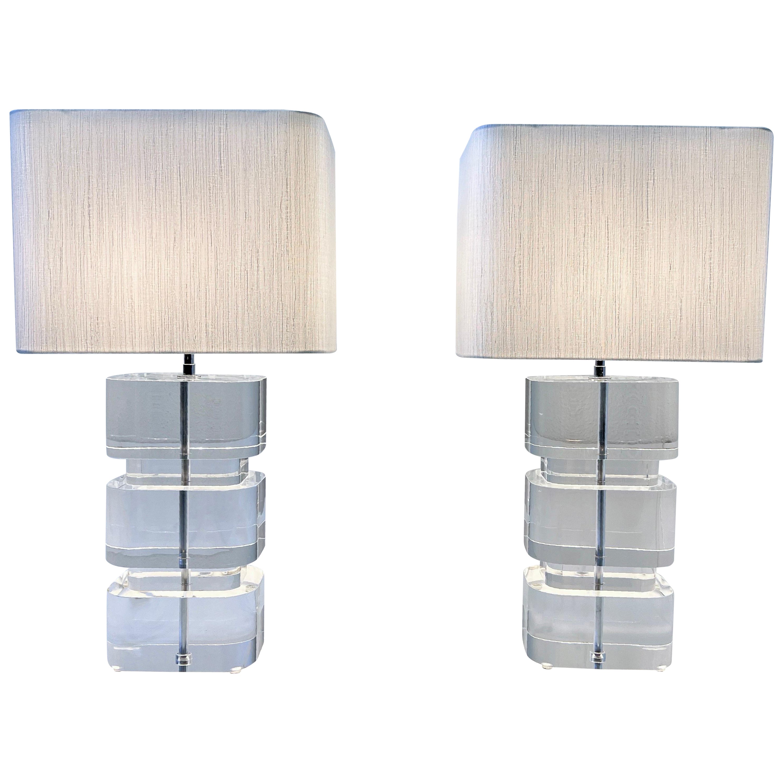 Pair of Clear Acrylic and Chrome Table Lamps by Karl Springer  For Sale