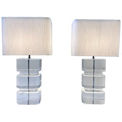 Pair of Clear Acrylic and Chrome Table Lamps by Karl Springer 