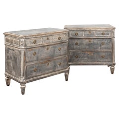Antique Pair, Gray Painted Gustavian Chest of Drawers, Sweden circa 1860-80