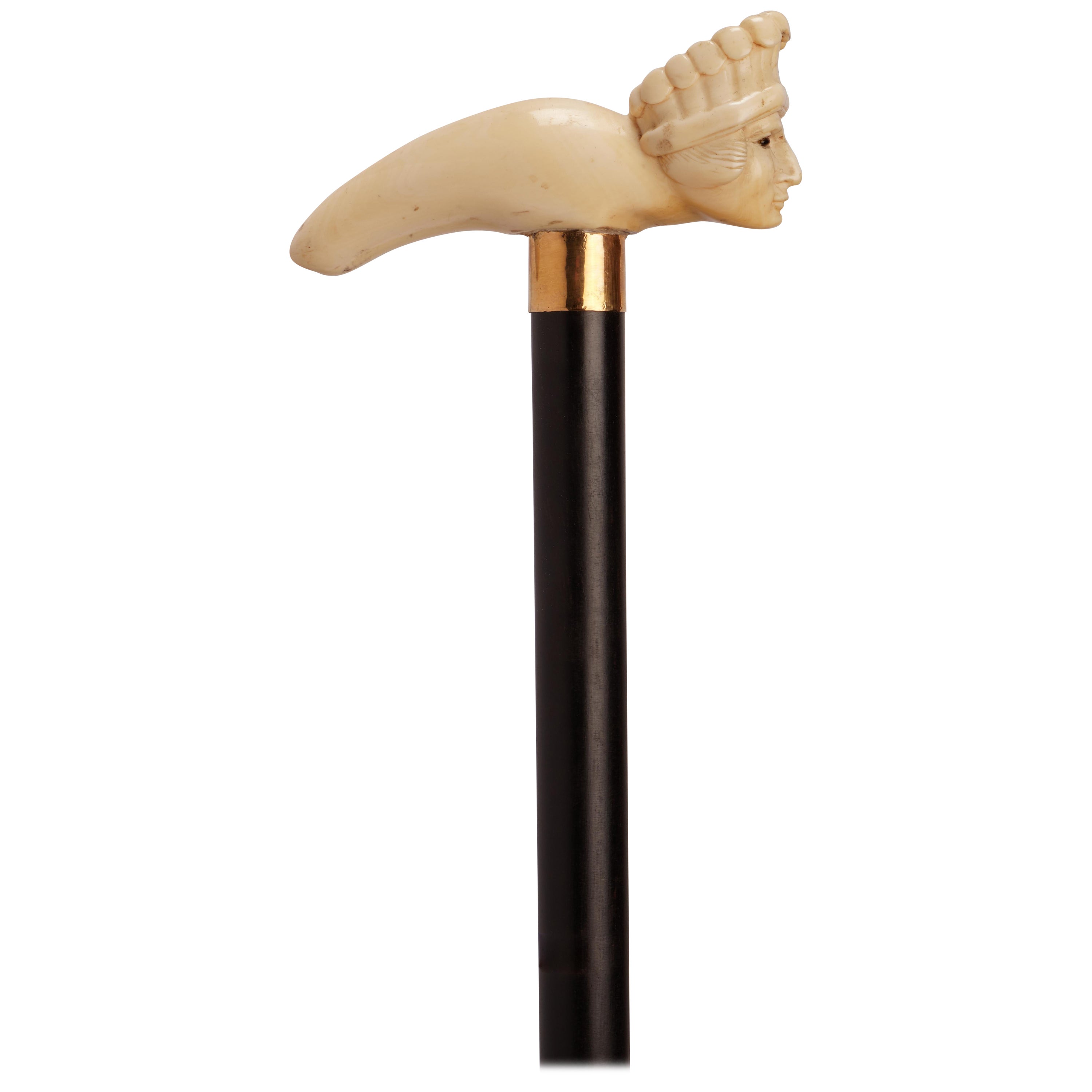 Ivory carved handle walking stick depicting a central Native american chief, UK. For Sale