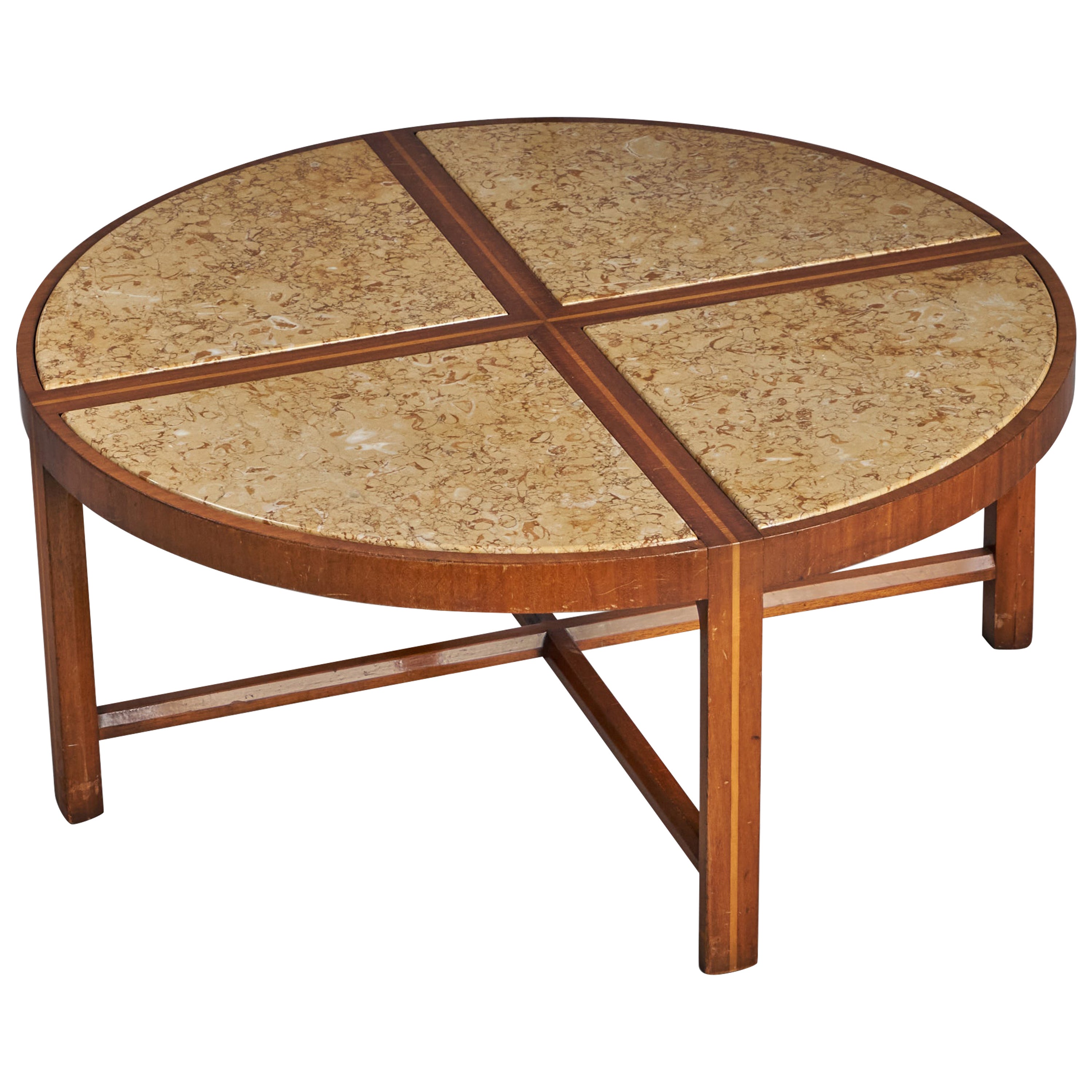 Tommi Parzinger, table basse, noyer, travertin, États-Unis, années 1950