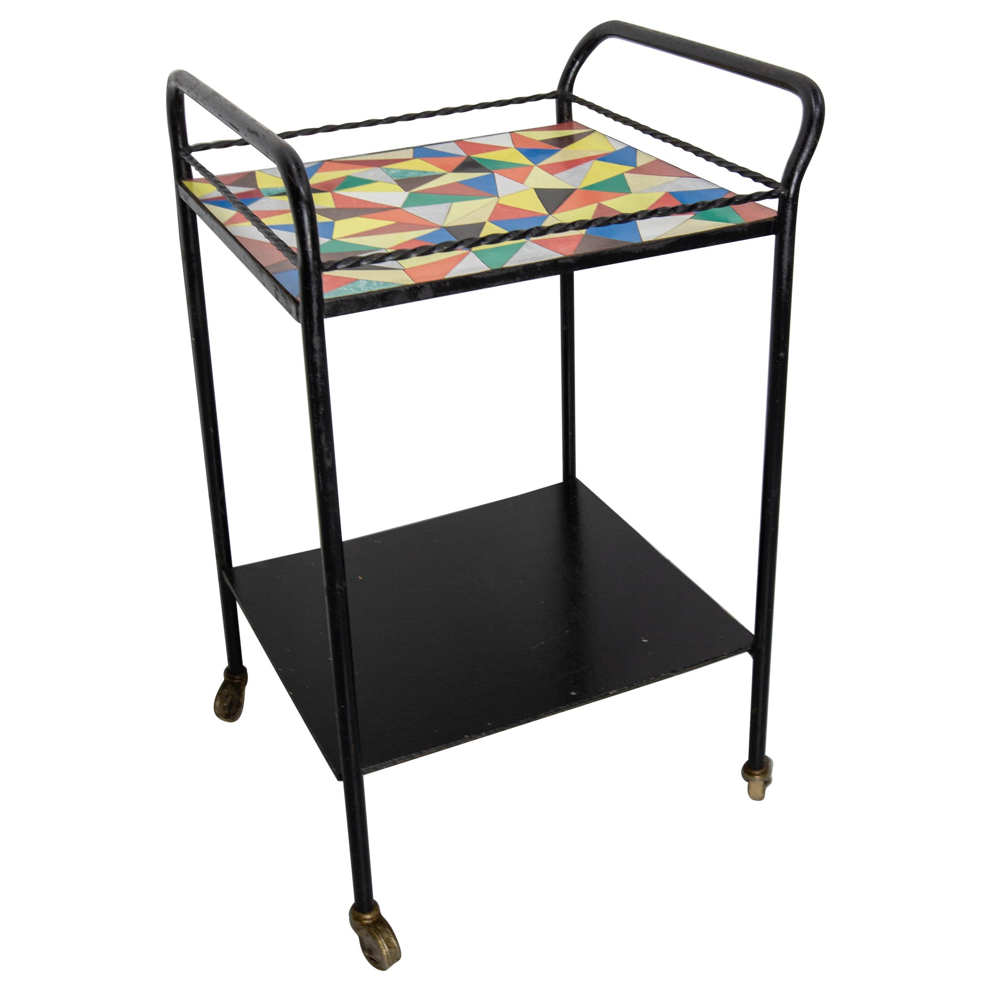 French Iron & Ceramic Table Trolley Console Desserte Side Table with Wheels 1960 For Sale
