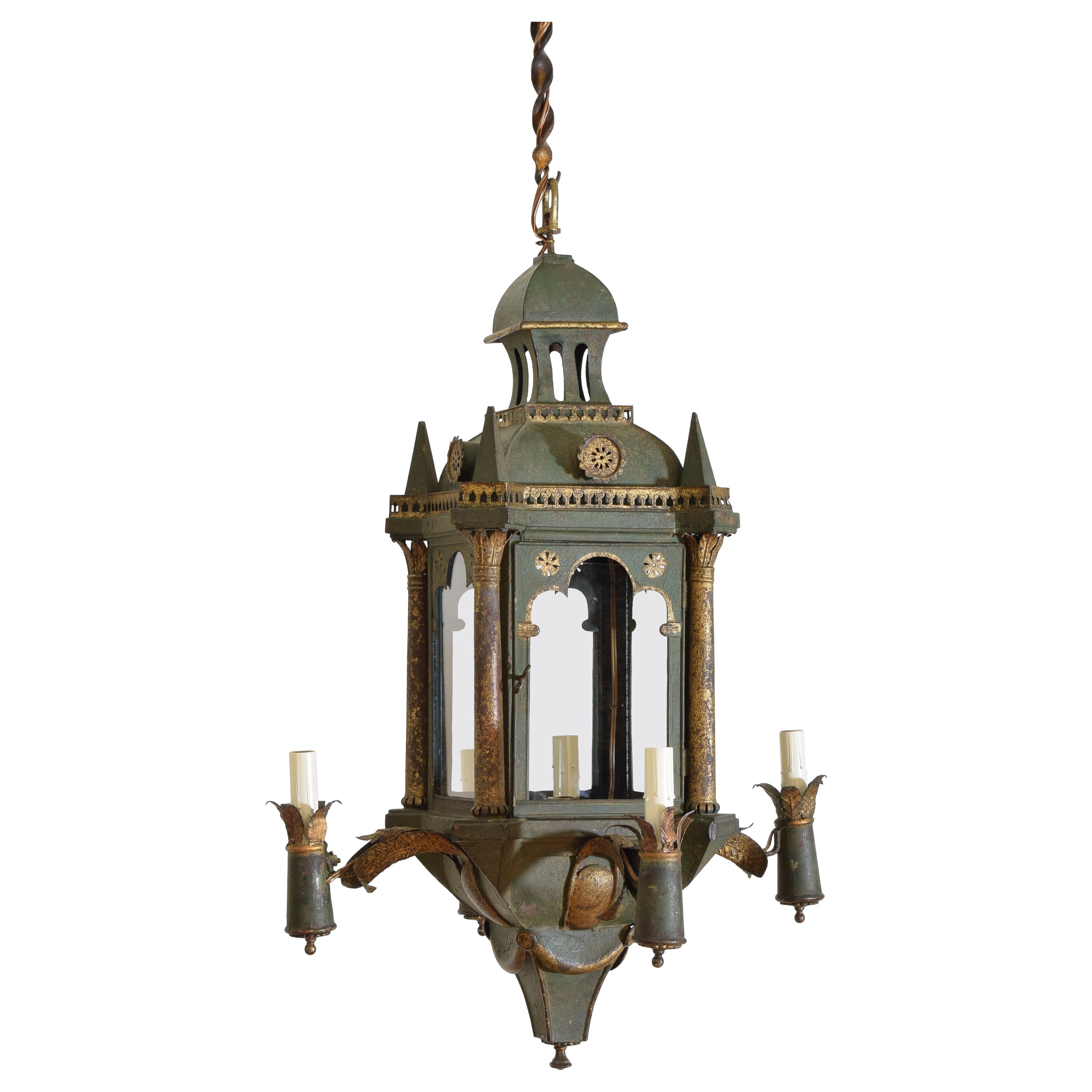 Continental Venetian Inspired Painted & Gilt Tole 5-Light Lantern, early 20thc