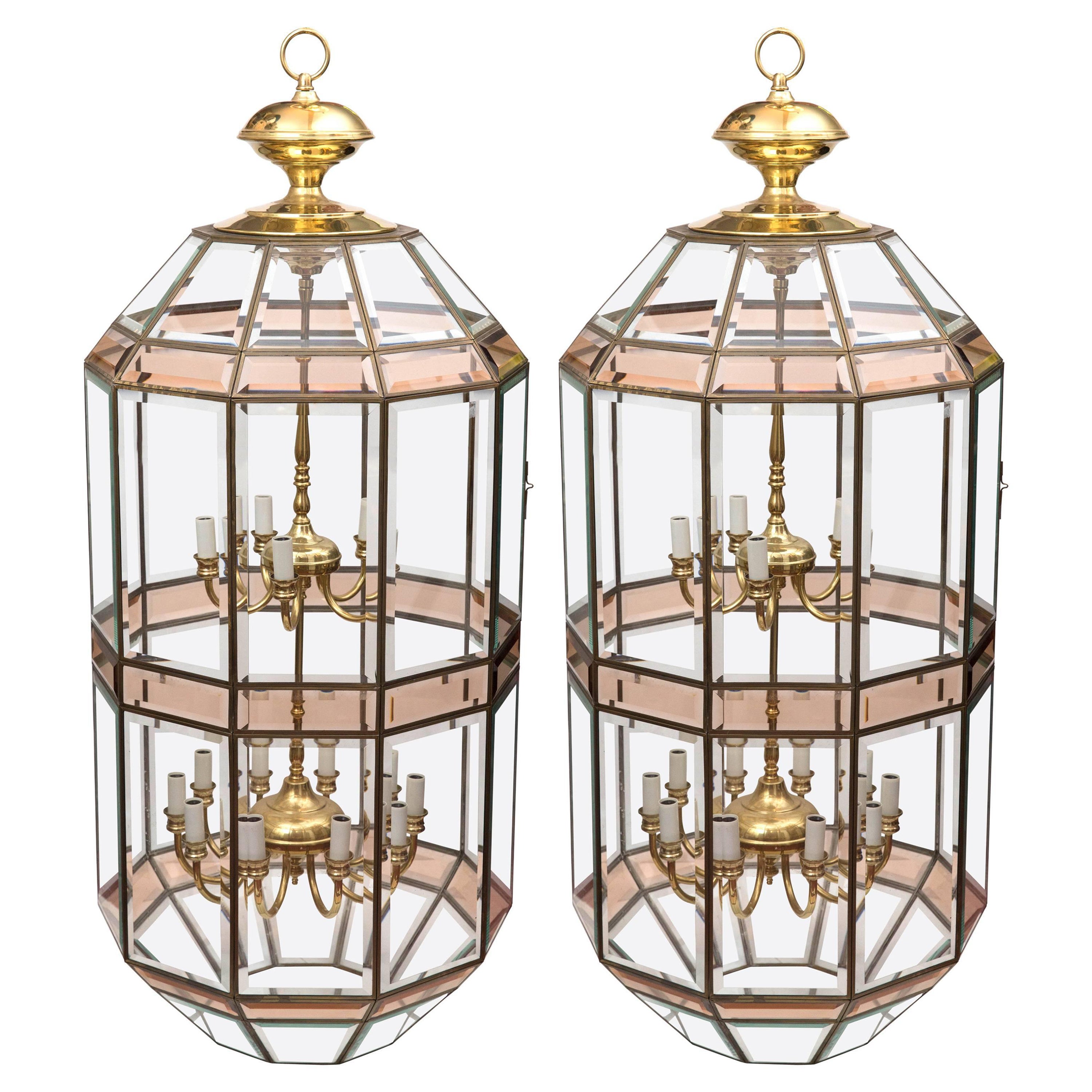 Grand Scale Beveled Glass Hanging Lanterns by Fredrick Ramond For Sale