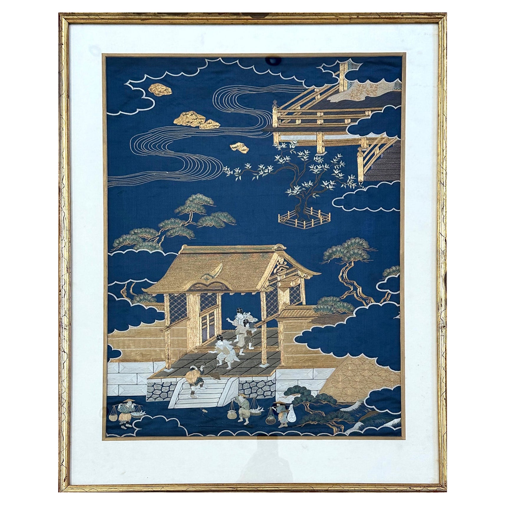 Gerahmte antike japanische Fukusa-Textil-Tafel mit Stickerei