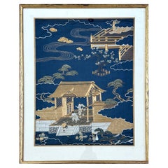 Framed Antique Japanese Embroidery Fukusa Textile Panel