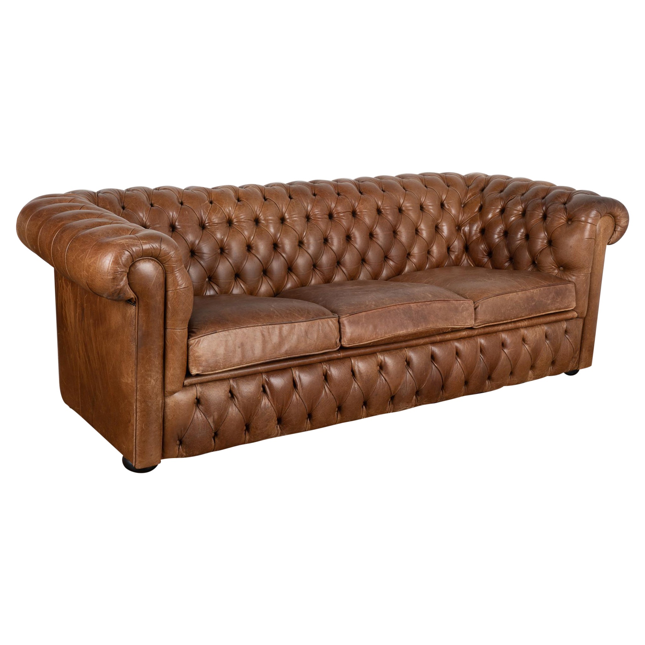 Vintage Brown Leather Three Seat Chesterfield Sofa, Denmark circa 1960-70 For Sale