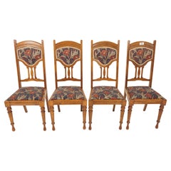 4 Antique Oak Art Nouveau Upholstered Dining Chairs, Scotland 1910, H1146
