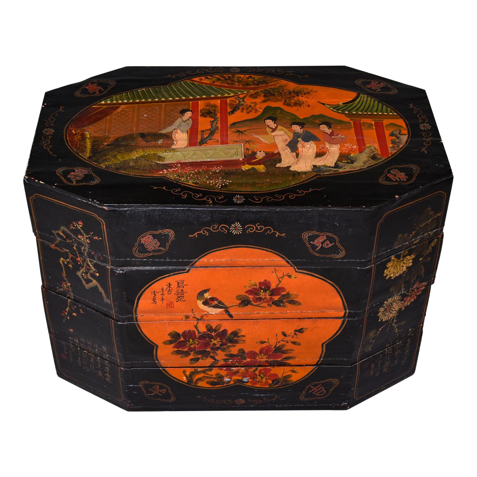 Vintage Chinese Hand Painted Four Section Stacked Box 