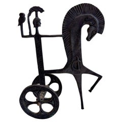 Vintage Iron Sculpture Roman Chariot with Female Warrior, Italy 1950