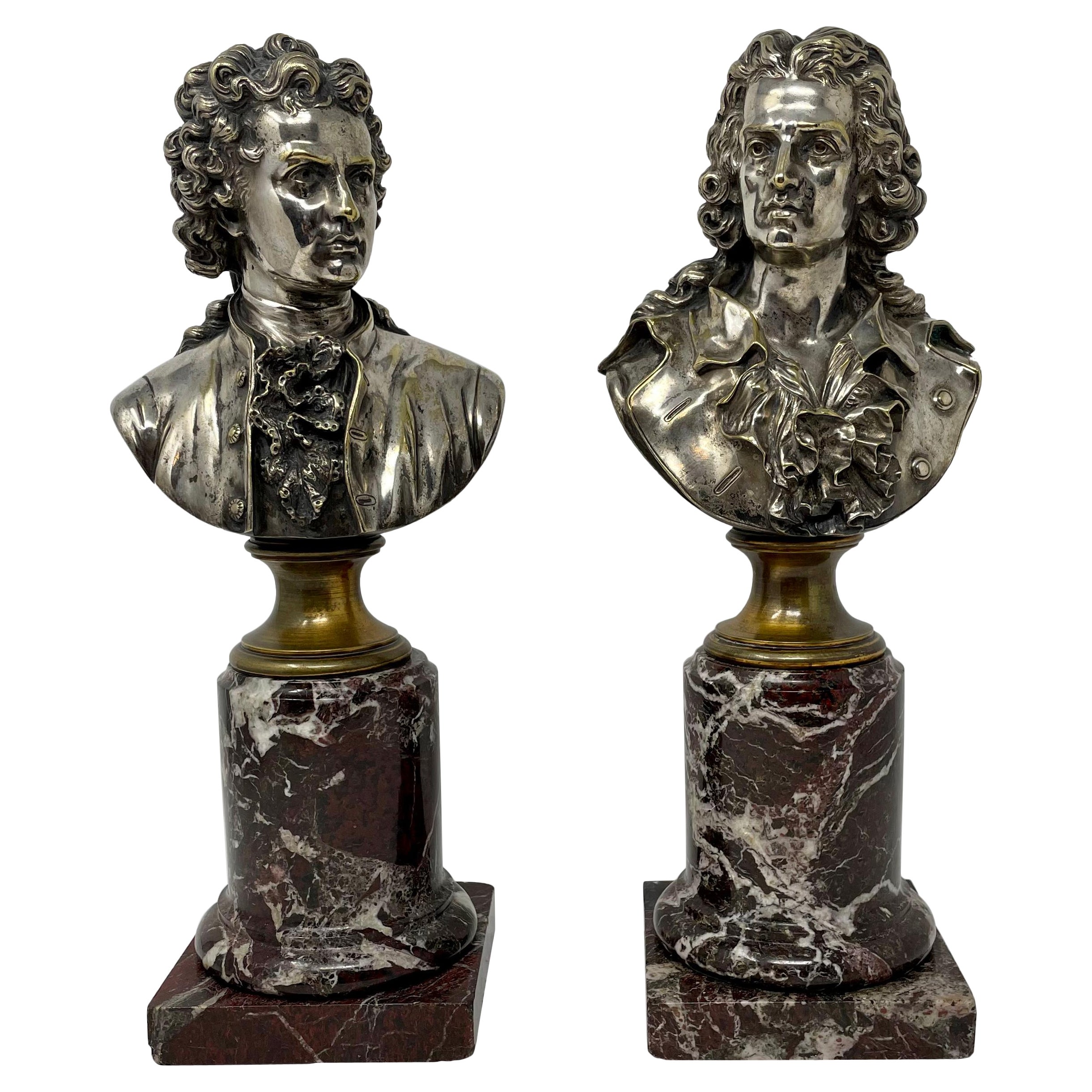 Paar antike Silberbüsten auf Bronzesockeln auf Marmorsockeln aus dem 19. Jahrhundert