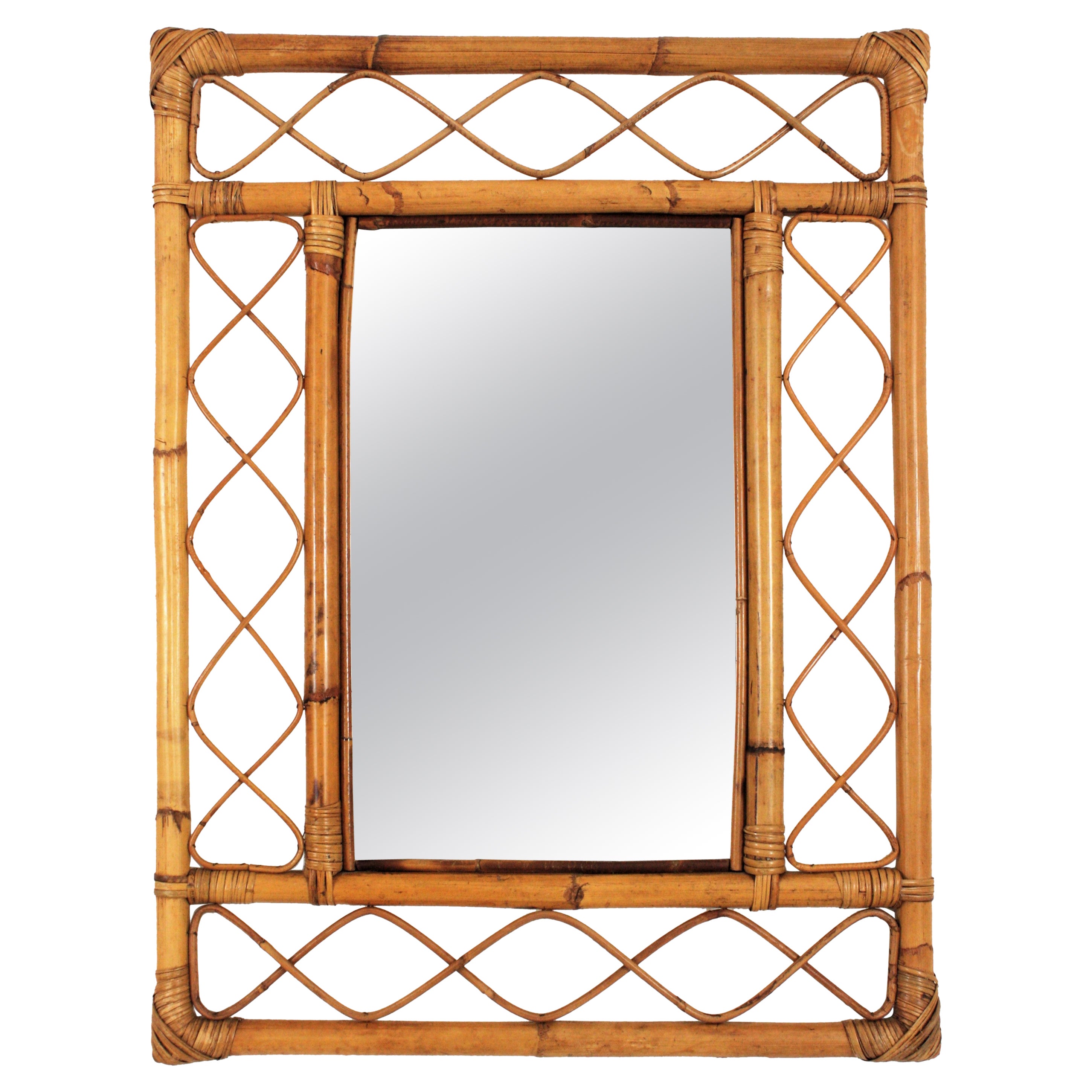 Rattan Bamboo Franco Albini Style Rectangular Mirror