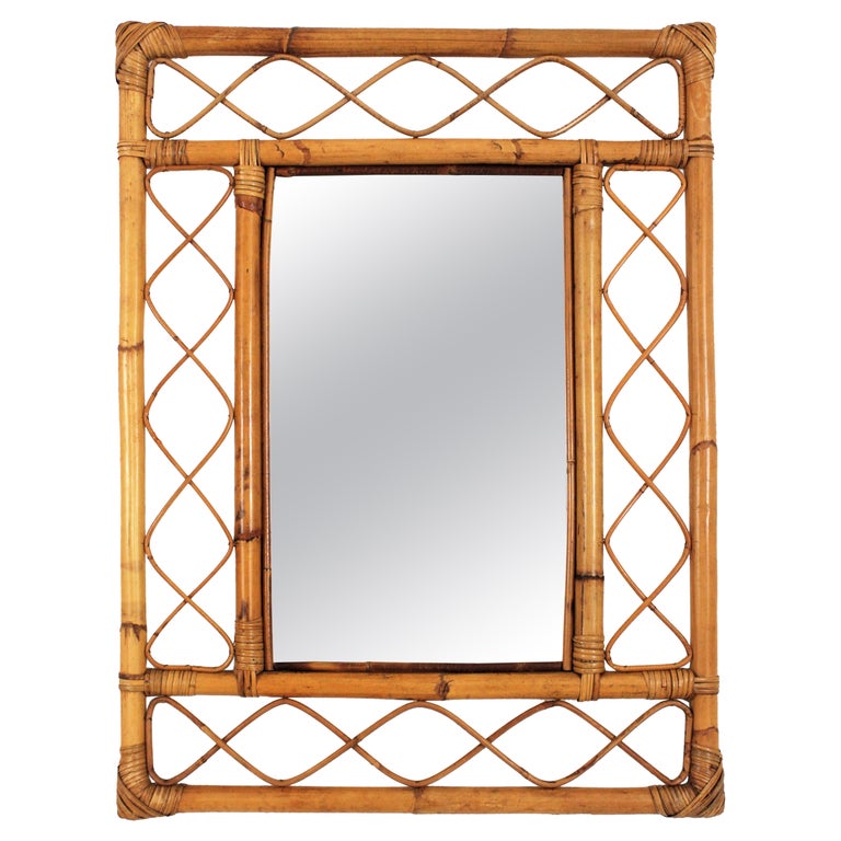 Rattan Bamboo Franco Albini Style Rectangular Mirror For Sale at 1stDibs