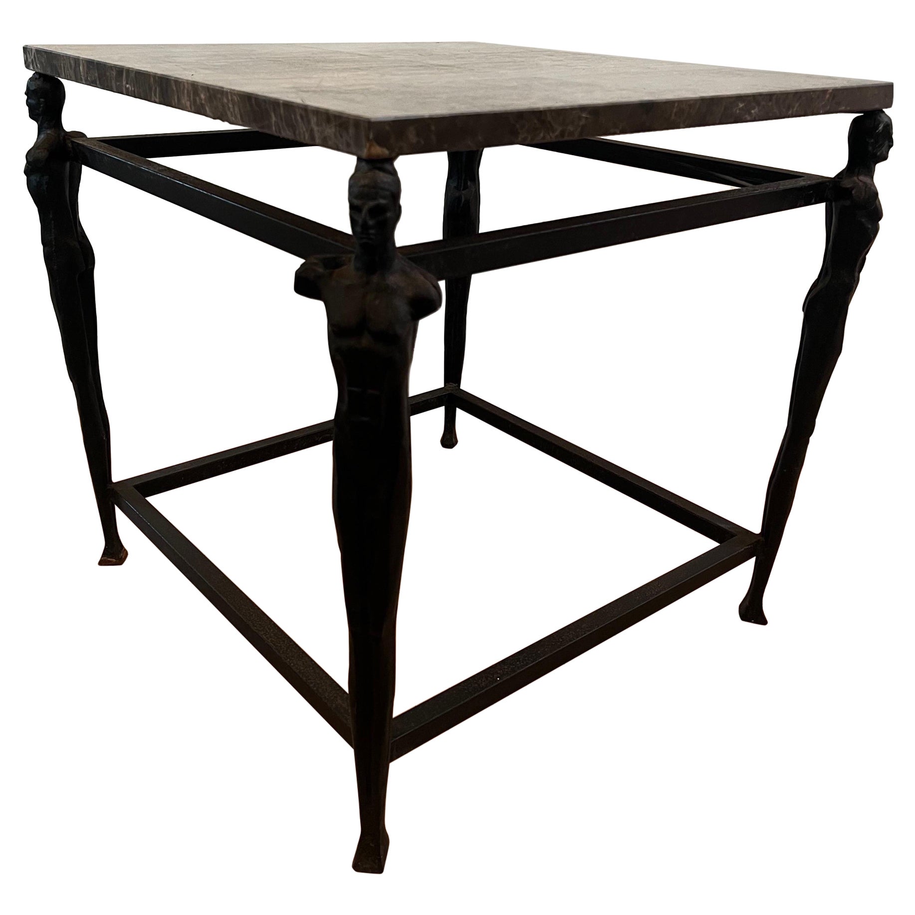 Cast Iron Male Figurative Side Table in Manner of Giacometti - Marble Top For Sale