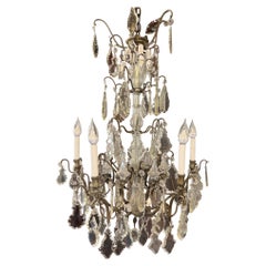 Early 20th Century Antique French Six Arm 18 Light Brass and Crystal Chandelier