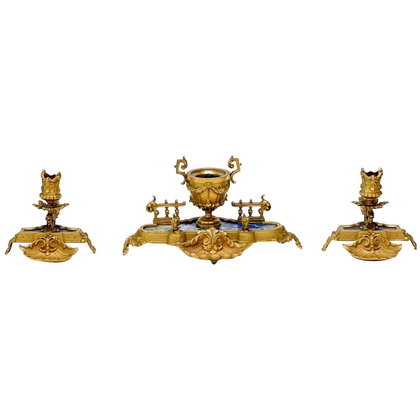  3 Stück Kontinentale Schreibtischgarnitur Vergoldete Bronze & Lapislazuli um 1920 im Angebot