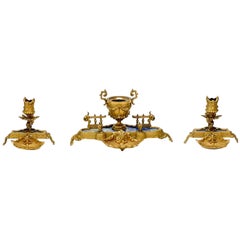  3 Stück Kontinentale Schreibtischgarnitur Vergoldete Bronze & Lapislazuli um 1920