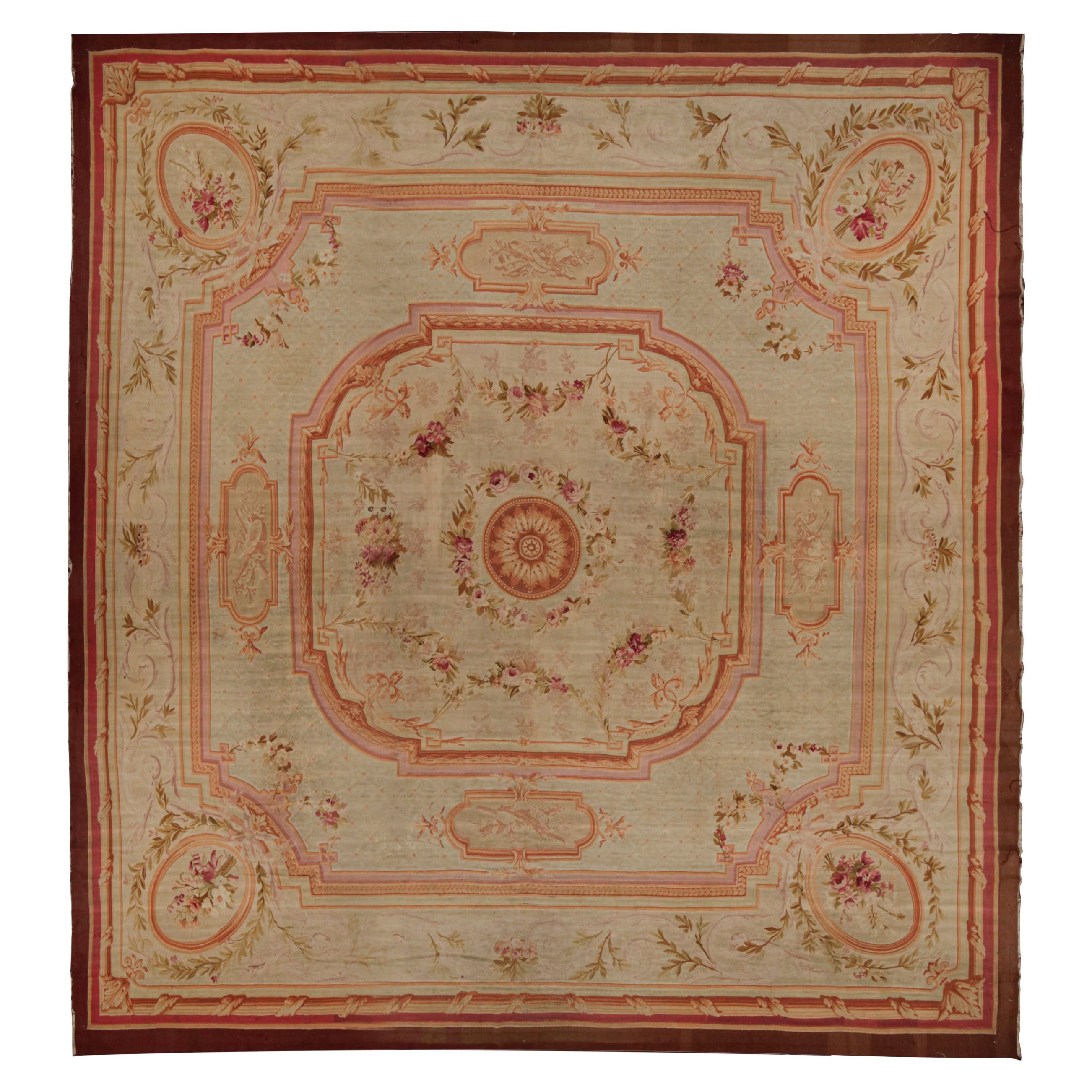 Antique Aubusson Flatweave Floral Square Rug in Cream and Pink