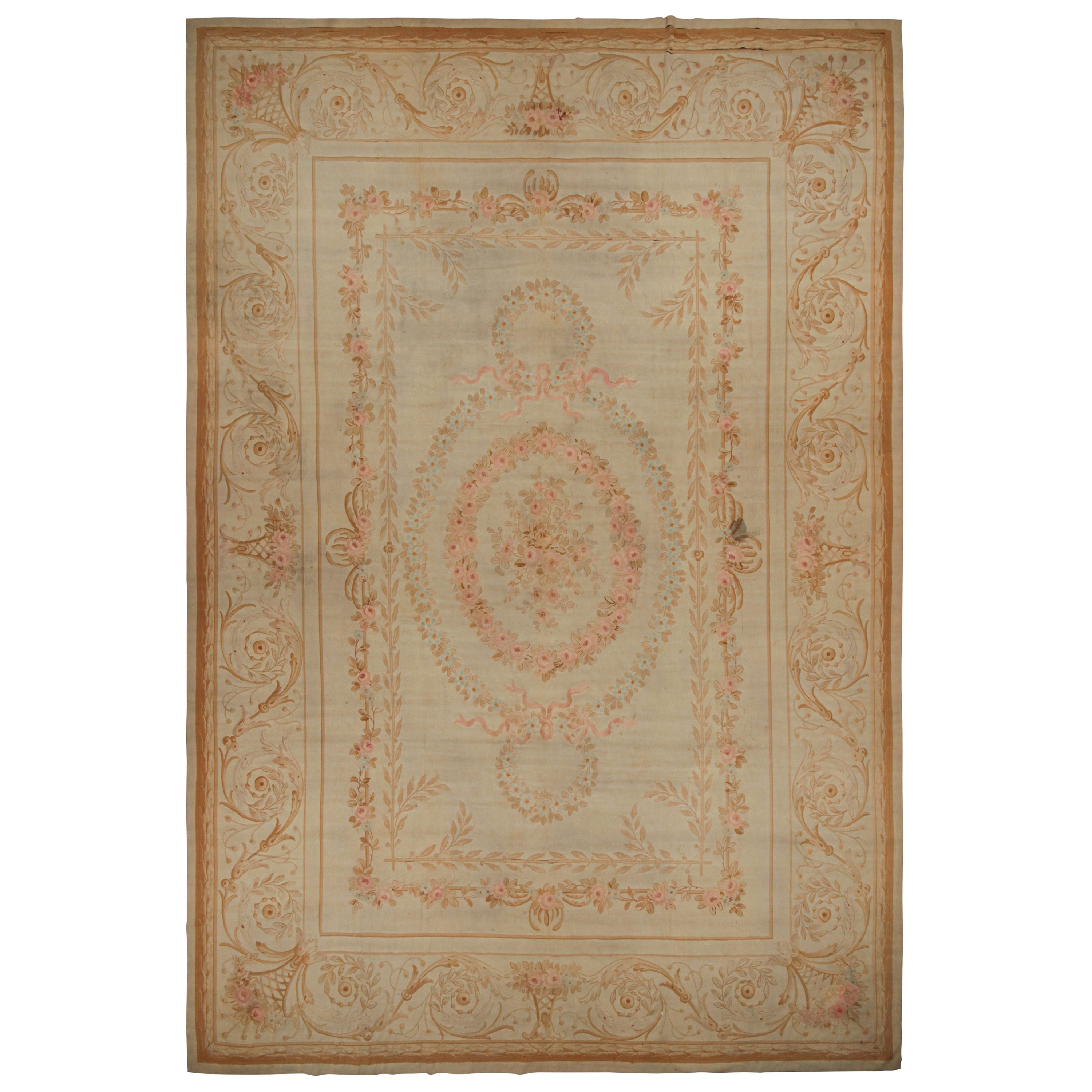 Oversized Antique Aubusson Flatweave Floral Rug in Beige & Pink For Sale