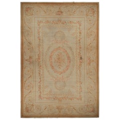 Oversized Antique Aubusson Flatweave Floral Rug in Beige & Pink