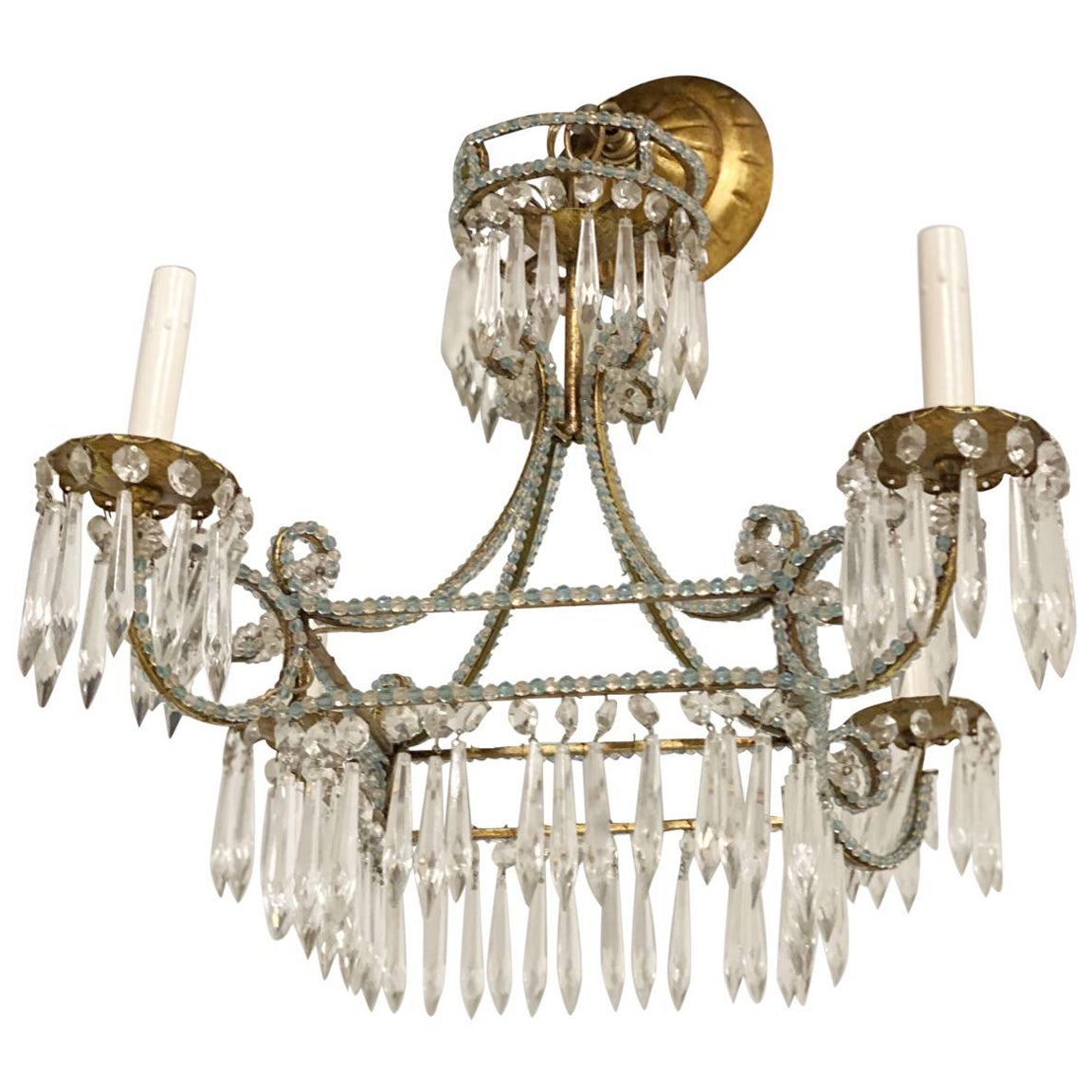 1930s Small Italian Four Lights Chandelier with Blue Crystals For Sale