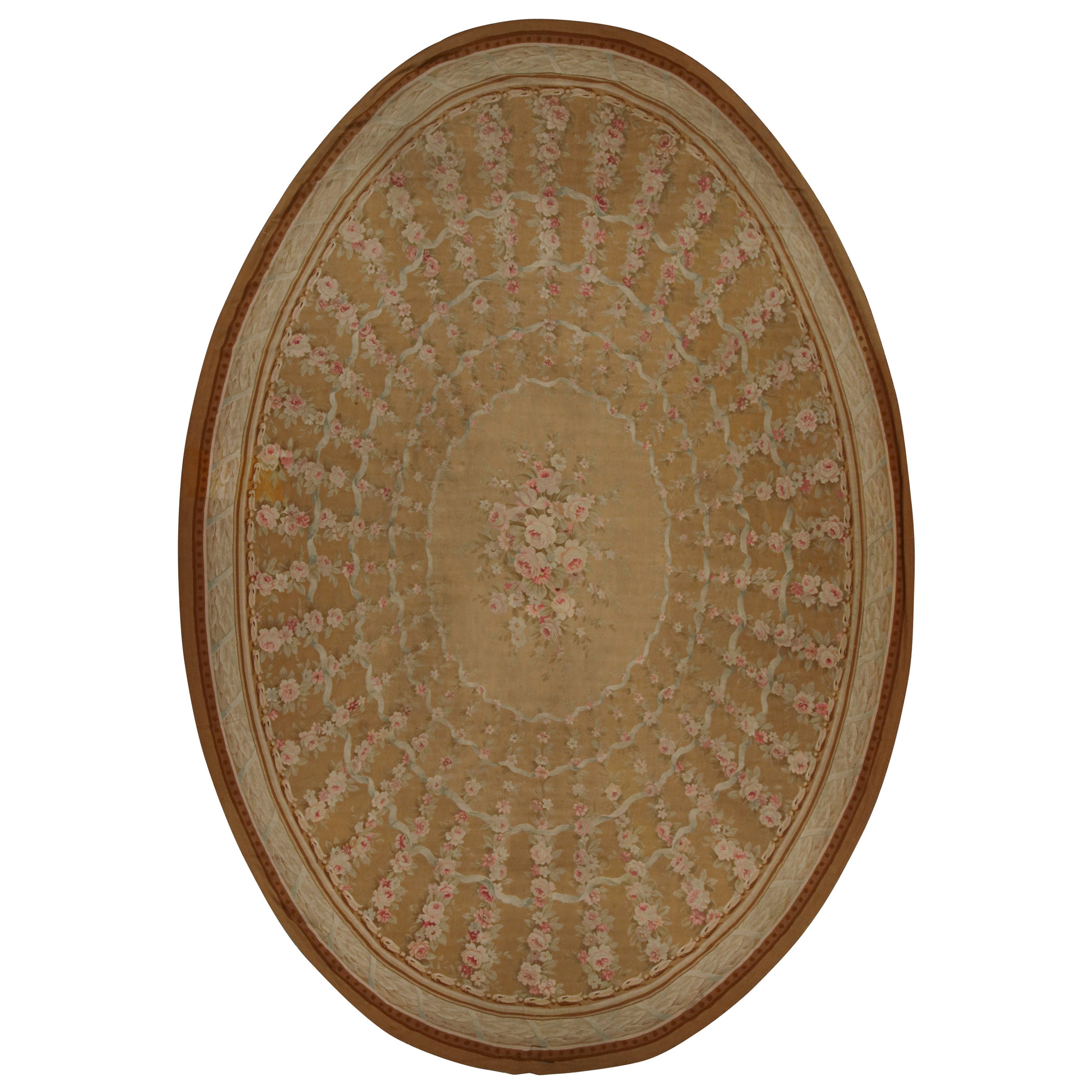 Antique Floral Aubusson Flatweave Oversized Oval Rug in Brown For Sale