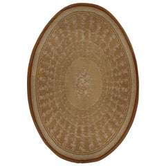Antique Floral Aubusson Flatweave Oversized Oval Rug in Brown