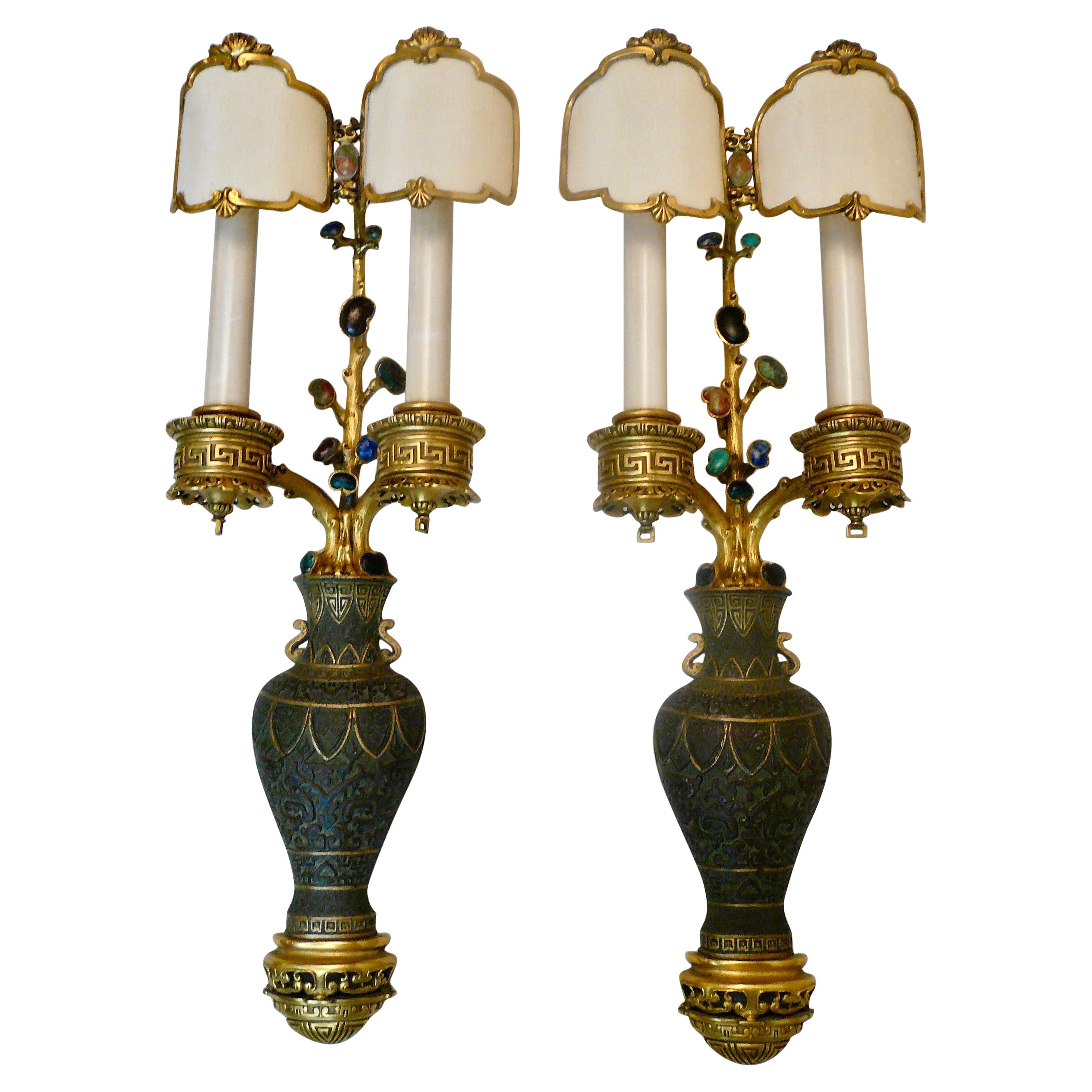 Pair E F Caldwell Bronze and Semi-Precious Stone Chinese Style Sconces For Sale