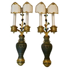 Pair E F Caldwell Bronze and Semi-Precious Stone Chinese Style Sconces