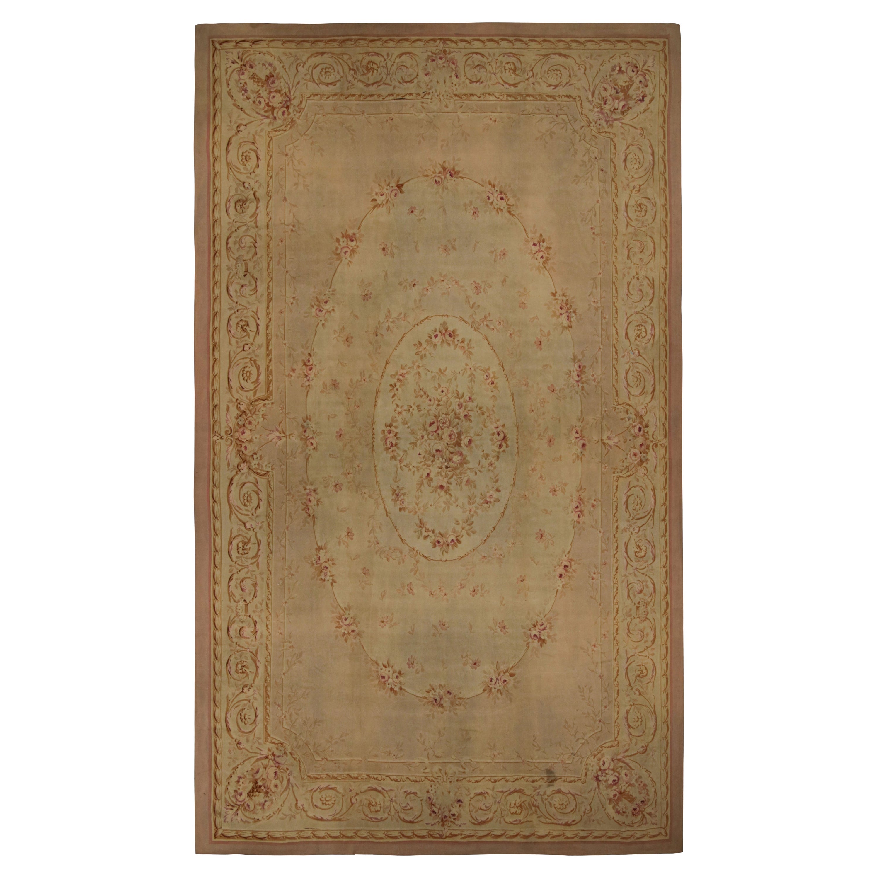 Antique Aubusson Flatweave Oversized Rug in Cream with Florals For Sale
