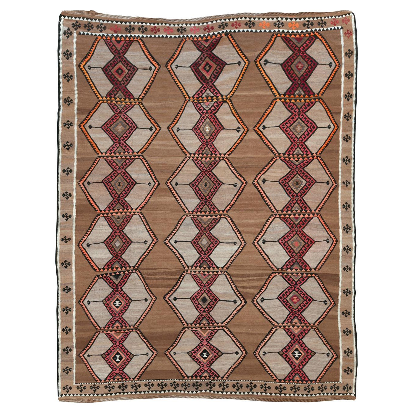 Mid-20th Century Handmade Turkish Flatweave Kilim Room Size Tribal Carpet