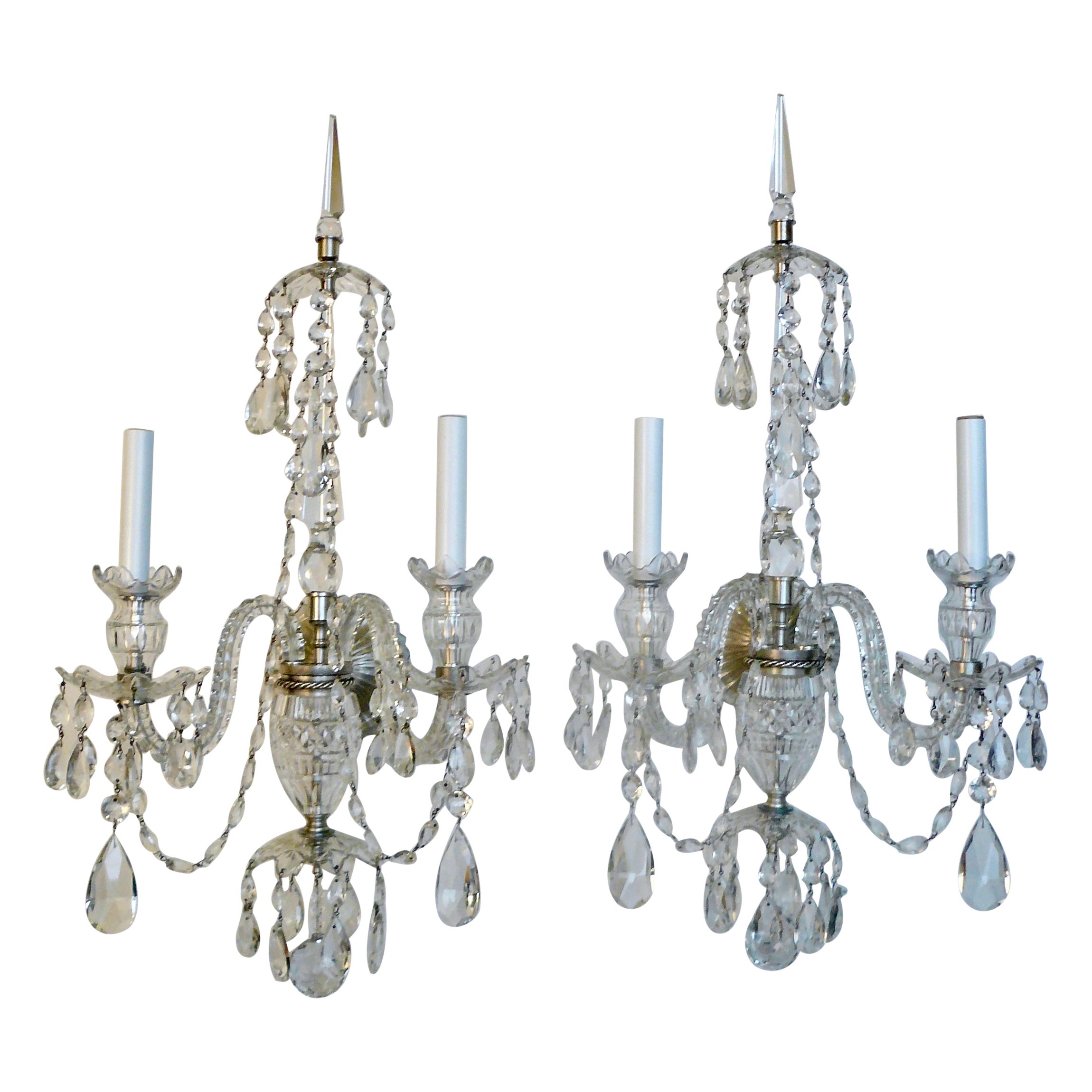 A Grand Scale Pair Cut Crystal Georgian Design Sconces in the Waterford Style