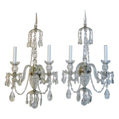 A Grand Scale Pair Cut Crystal Georgian Design Sconces in the Waterford Style