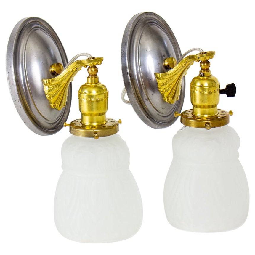 Early 20th Century Mixed Metal Revival Sconces with Frosted Glass - a Pair For Sale