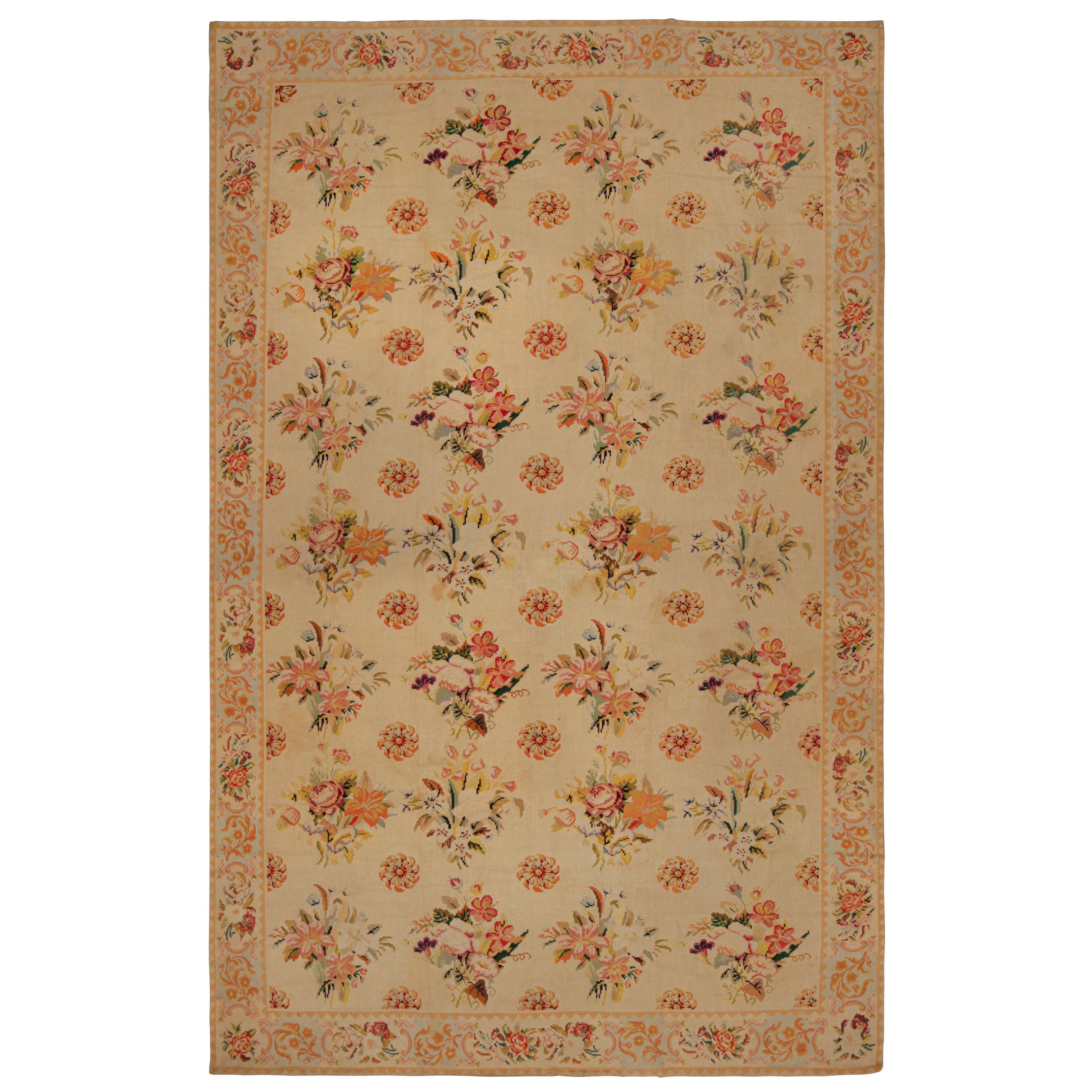 Antique French Needlepoint Rug in Beige with Floral Patterns, from Rug & Kilim For Sale